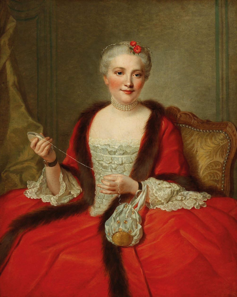 Muotokuva tyylikkäästä naisesta, jolla on kädessään kudontasukkula, 1751. tekijältä Pierre Allais