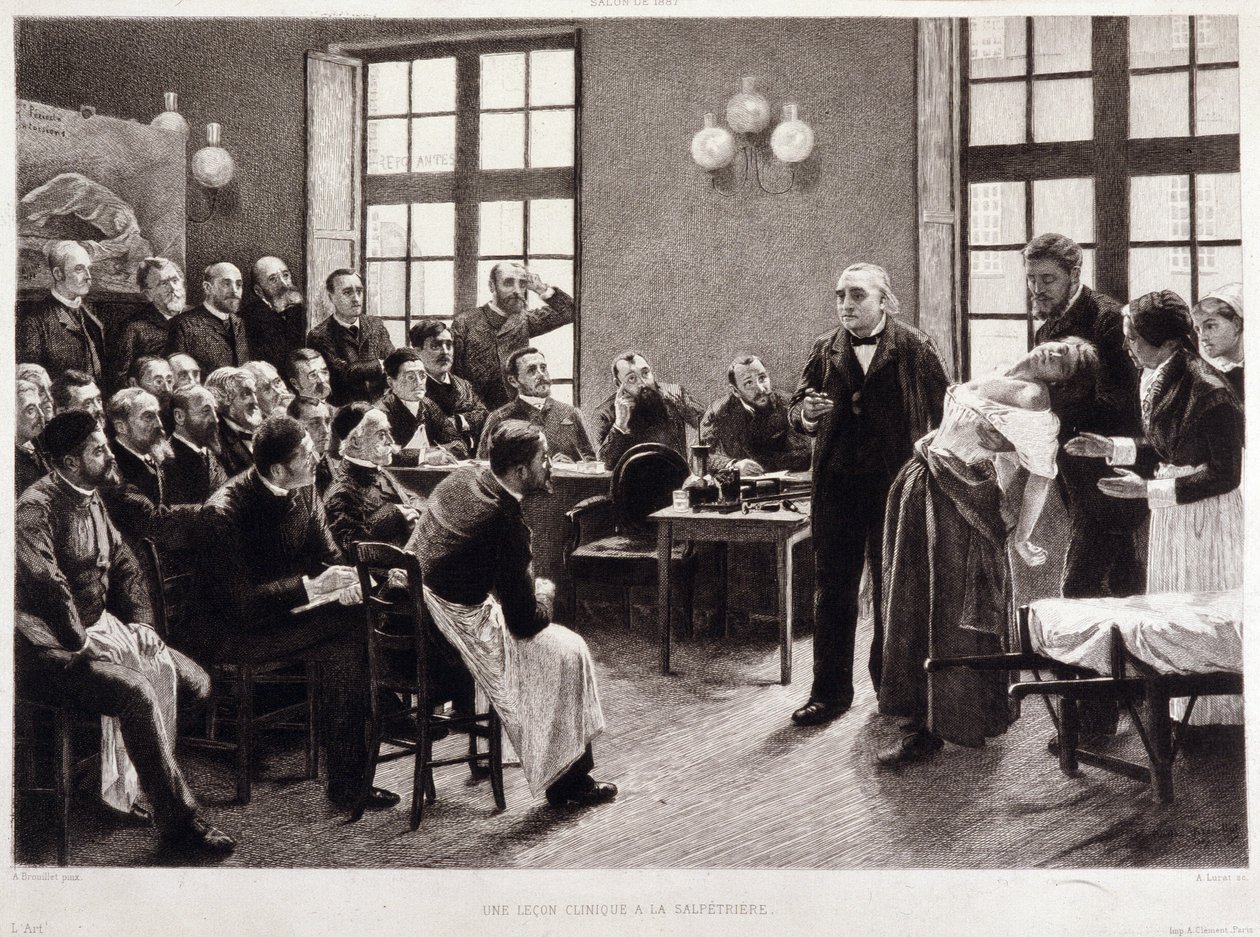Dr. Charcotin kliininen luento Salpetrieressa vuonna 1887. Opiskelijat professori Jean Martin Charcotin laitokselta, joka selittää Blanche Wittmanin tapausta, hänen potilaansa ja marsua, jotka suosivat hysteriaa koskevaa tutkimustaan. Hän oli Joon avustaja tekijältä Pierre Andre (after) Brouillet
