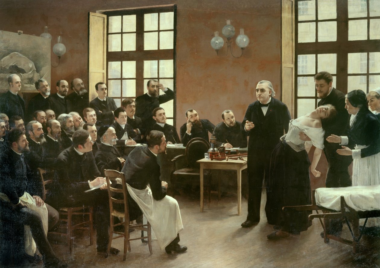Tohtori Charcotin kliininen luento Salpetrieressa vuonna 1887. Professori Jean Martin Charcotin (1825-1893) laitoksen opiskelijat, joka selittää Blanche Wittmanin tapausta, hänen potilaansa ja marsua, joka suosii hysteriatutkimuksessaan. Hän oli apulainen tekijältä Pierre Andre Brouillet