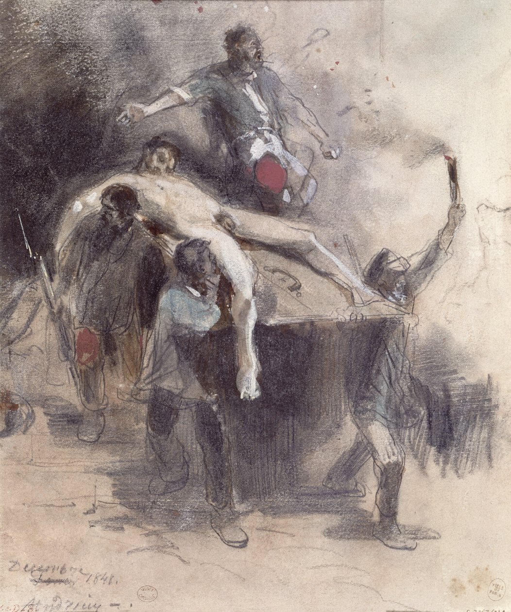Miehet kantamassa ruumista, 23. helmikuuta 1848 (guassi) tekijältä Pierre Andrieu