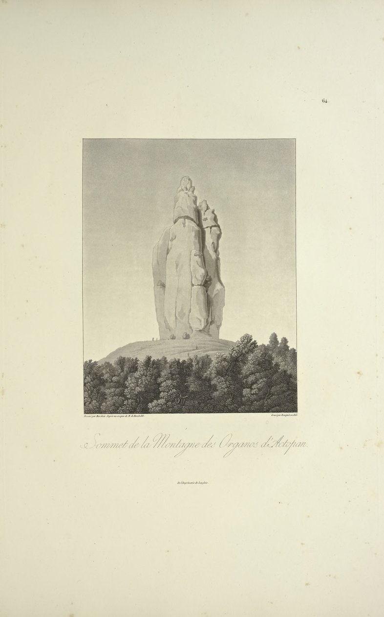 Organos-vuoren huippukokous, Actopan, kaiverrettu Bouquet, kuvitus Alexander von Humboldtin ja Aime Bonplandin teoksesta "Näkymät Cordilleraille ja Amerikan alkuperäiskansojen monumenteille" tekijältä Pierre Antoine (after) Marchais