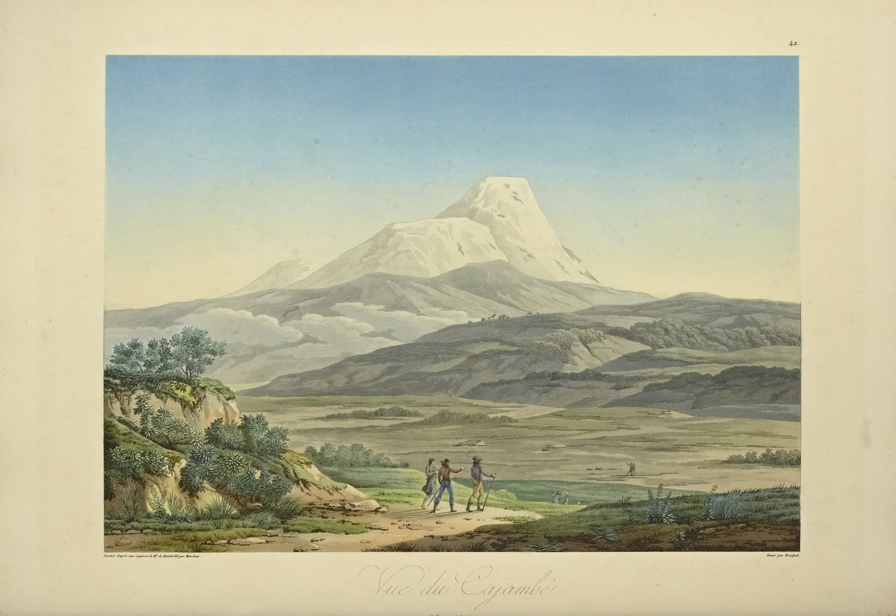 Näkymä Cajambesta, kaiverrettu Bouquet, kuvitus Alexander von Humboldtin ja Aime Bonplandin teoksesta "Näkymät Cordilleraille ja Amerikan alkuperäiskansojen monumenteille" tekijältä Pierre Antoine (after) Marchais