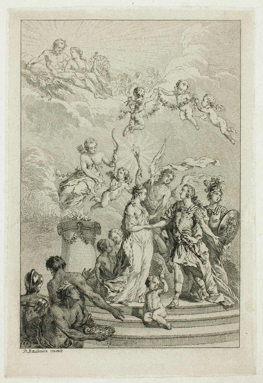 Allegoria Dauphin Louisin avioliitosta espanjalaisen Maria Theresan kanssa tekijältä Pierre Antoine Baudouin