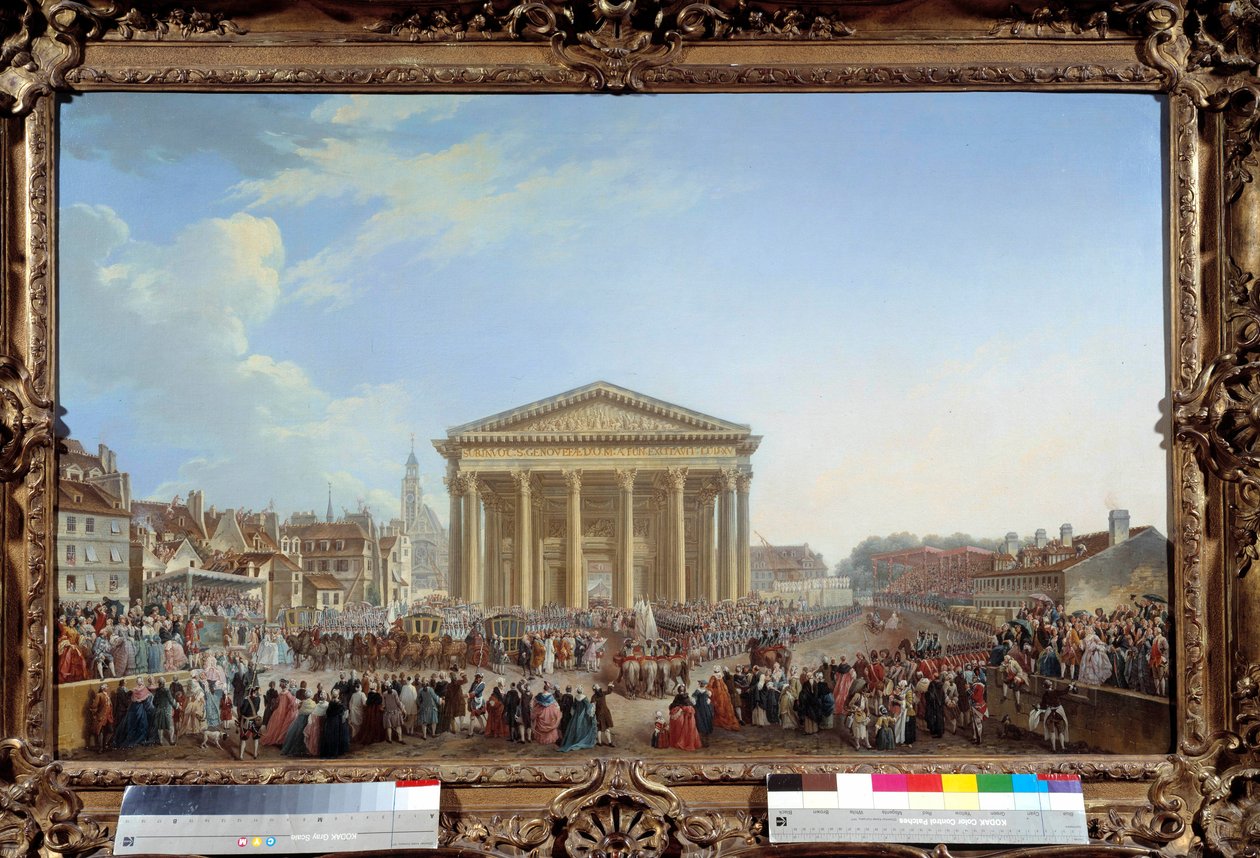 Uuden Saint Genevieven kirkon ensimmäisen kiven muurausseremonia 6.9.1764 lähellä Pantheonia Pierre Demachyn (1723-1807) maalaus 1765. Dim. 81 x 1,29 m Pariisi, museo Carnavalet - Uuden Pyhän Genevin kirkon ensimmäisen kiven muurausseremonia tekijältä Pierre Antoine Demachy