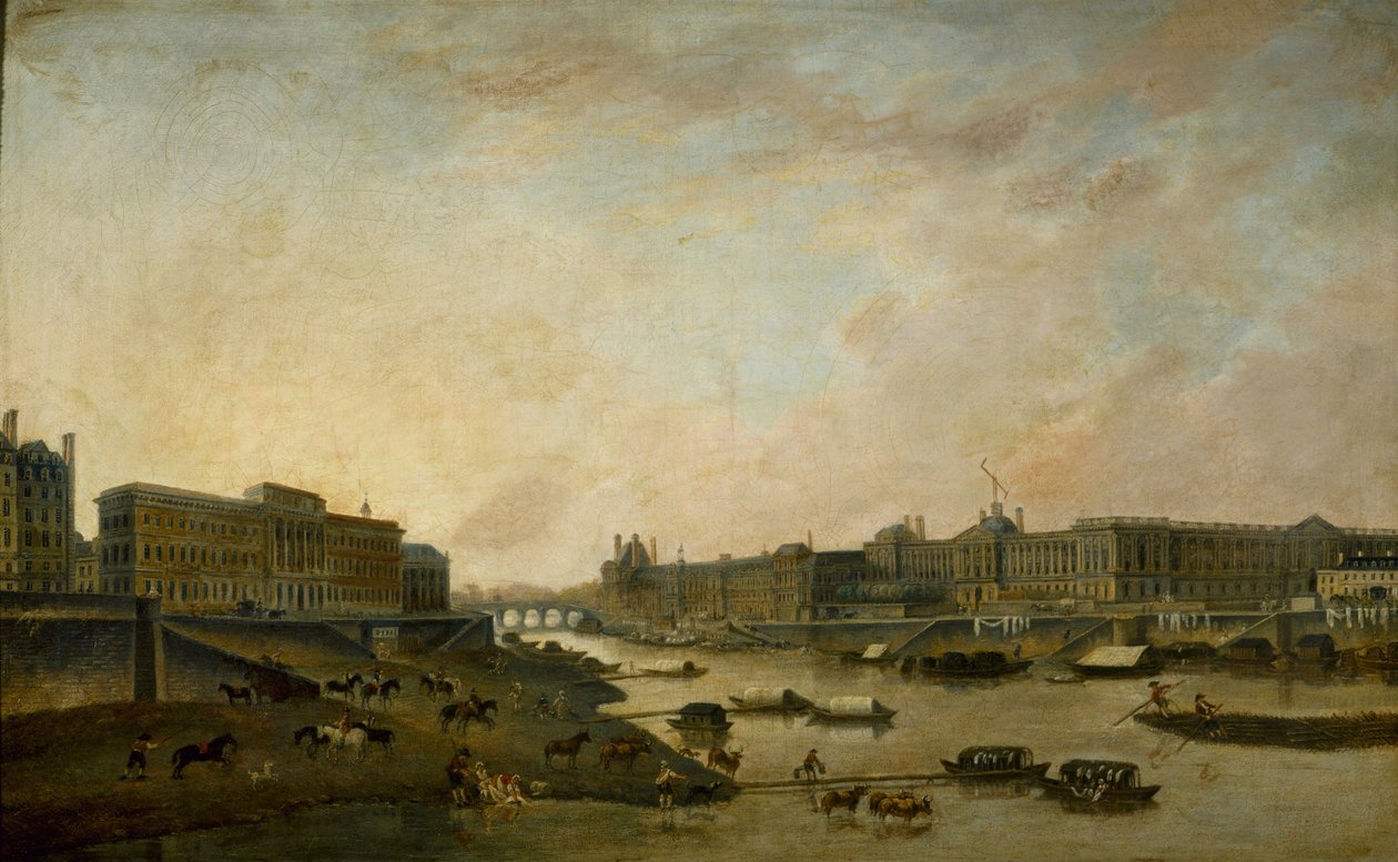 Hôtel de la Monnaie ja Louvre Pont-Neufista nähtynä, n. 1800. tekijältä Pierre Antoine Demachy