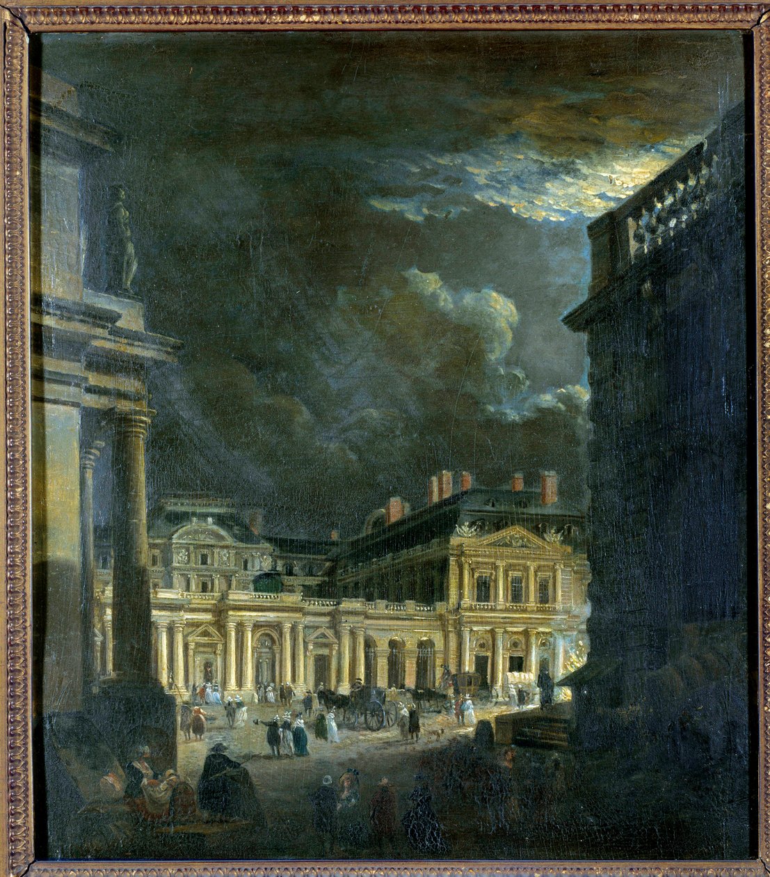 La Place du Palais Royal Pariisissa kuunvalossa Pierre Demachyn (1723-1807) maalaus 1700-luvun su. 0,39x0,34 m Pariisi, Musee Carnavalet tekijältä Pierre Antoine Demachy