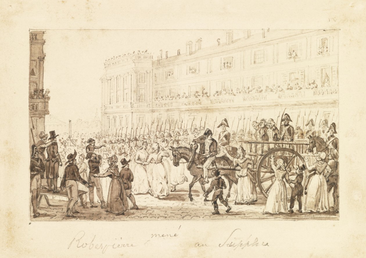 Robespierre ja hänen rikoskumppaninsa johdatettiin teloitukseen, 1794 tekijältä Pierre Antoine Demachy