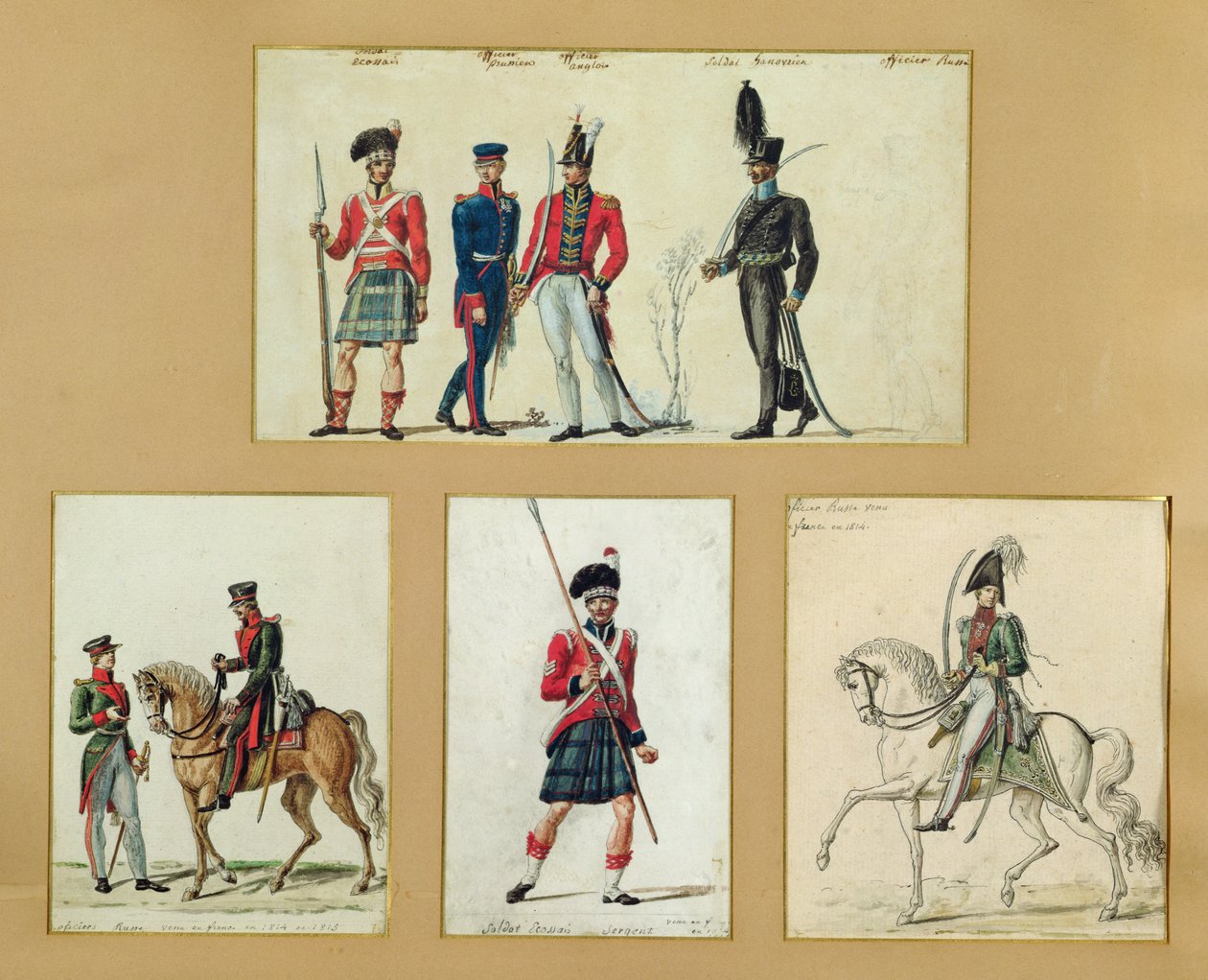 Skotlantilaisten sotilaiden ja preussilaisten, englantilaisten, hannoverilaisten ja venäläisten upseerien univormut vuonna 1814 tekijältä Pierre Antoine Lesueur
