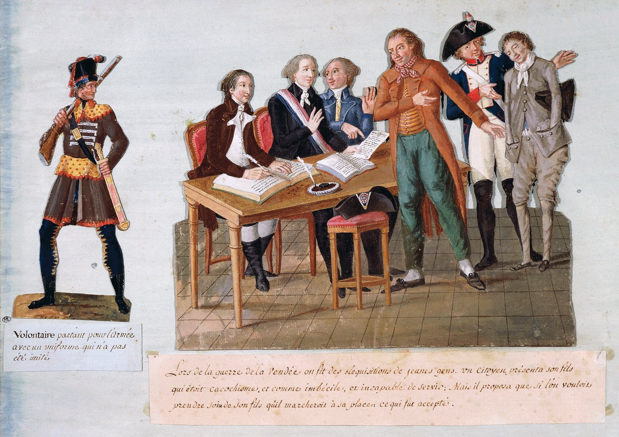 Vapaaehtoiset lähtevät ilmoittautumaan armeijaan Vendeen sotaan (1792-1793) (guassi paperilla) tekijältä Pierre Antoine Lesueur