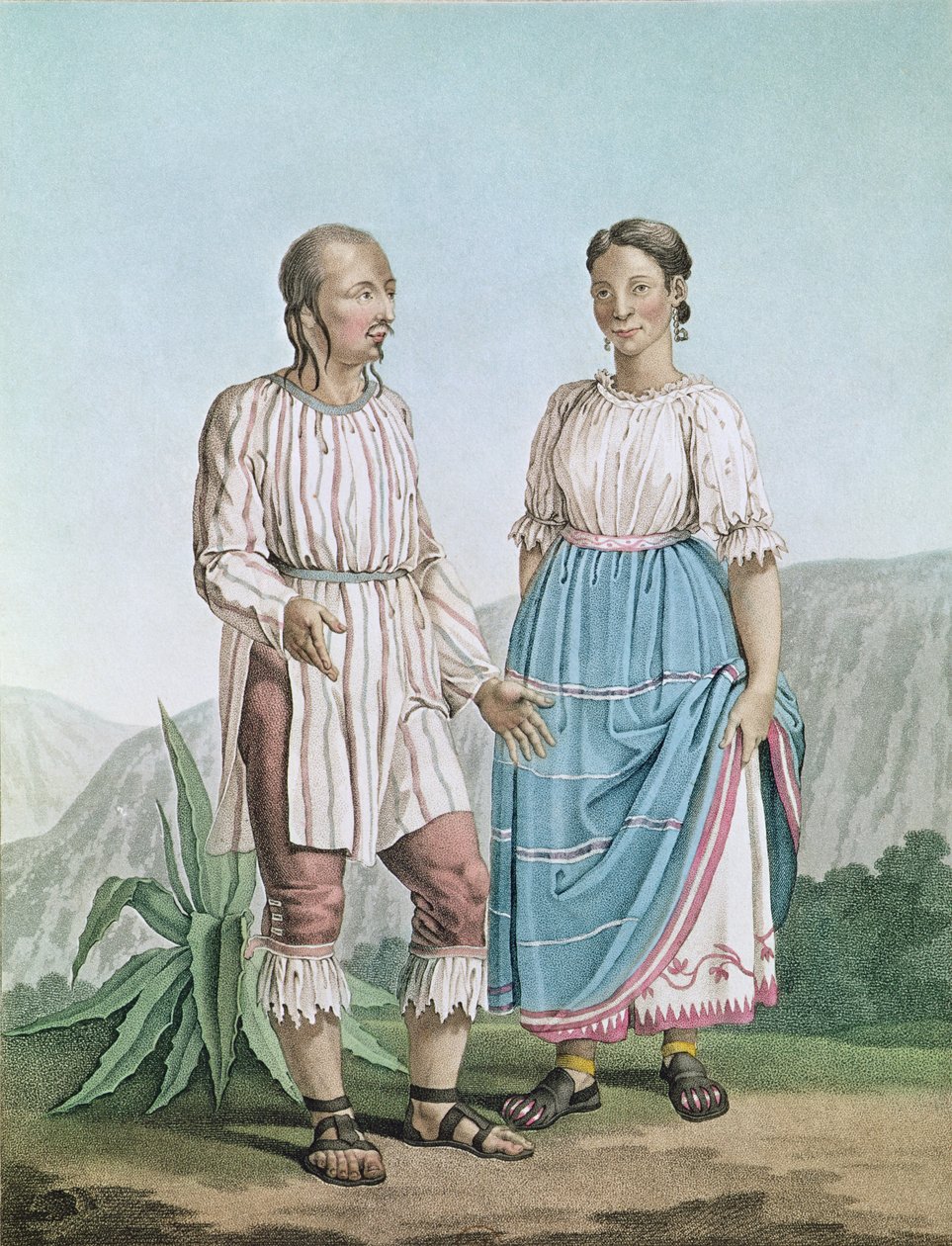 Michoacanin intiaanien puvut vuonna 1810 julkaistusta Alexander von Humboldtin (1769-1859) teoksesta Voyages aux Regions Equinoxiales du Nouveau Continent tekijältä Pierre Antoine Marchais