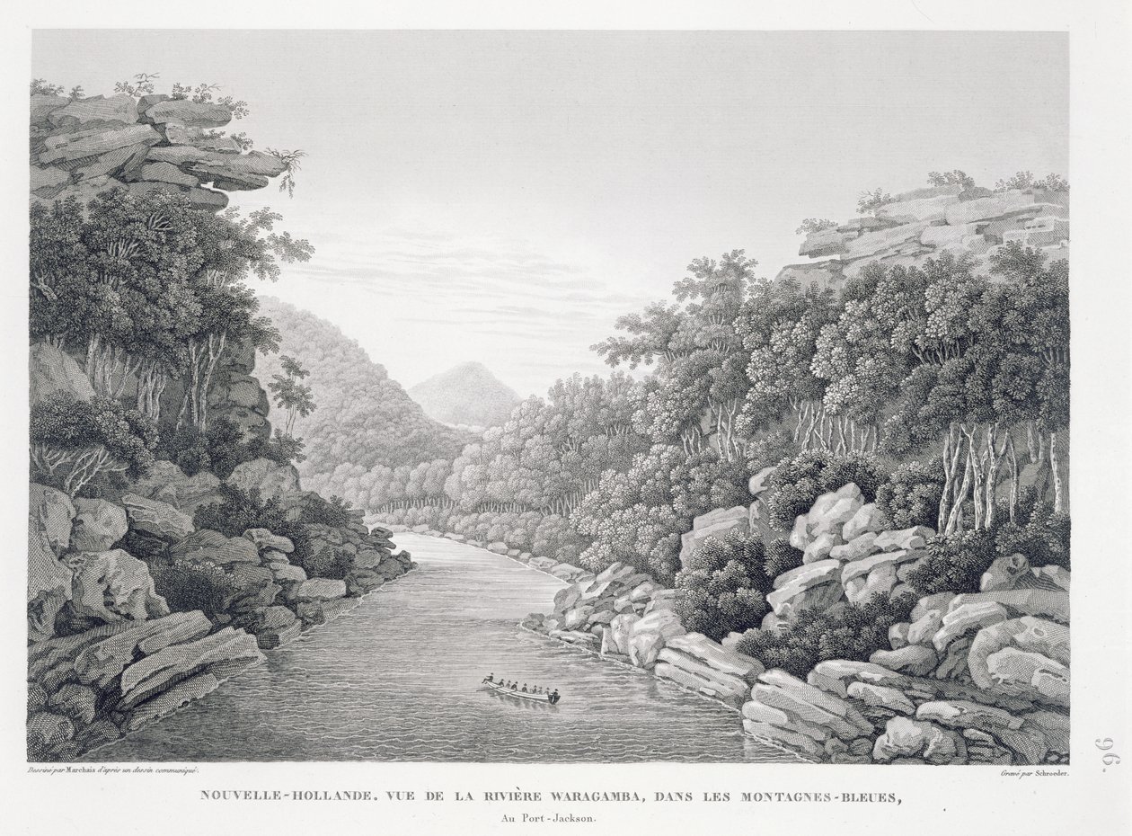 New Holland: Näkymä Warragamba-joelle Blue Mountainsissa, "Voyage Autour du Monde (1817-20)", Louis Claude De Saulces de Freycinet (1779-1842), kaiverrus Schroeder, julkaistu 1822-24 (li) tekijältä Pierre Antoine Marchais