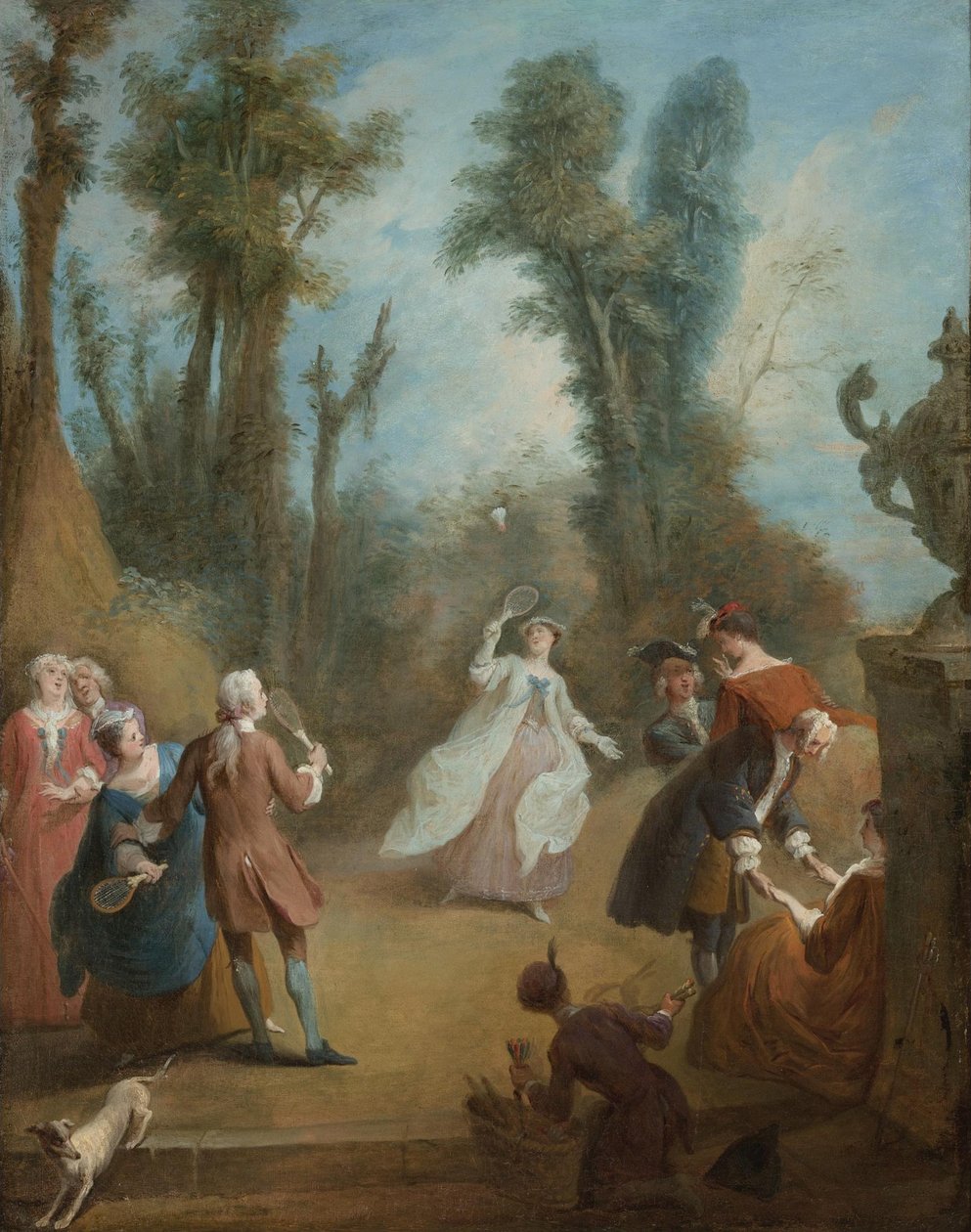 Elegantteja hahmoja leikkimässä sulkapalloa puistossa, noin 1730 tekijältä Pierre Antoine Quillard