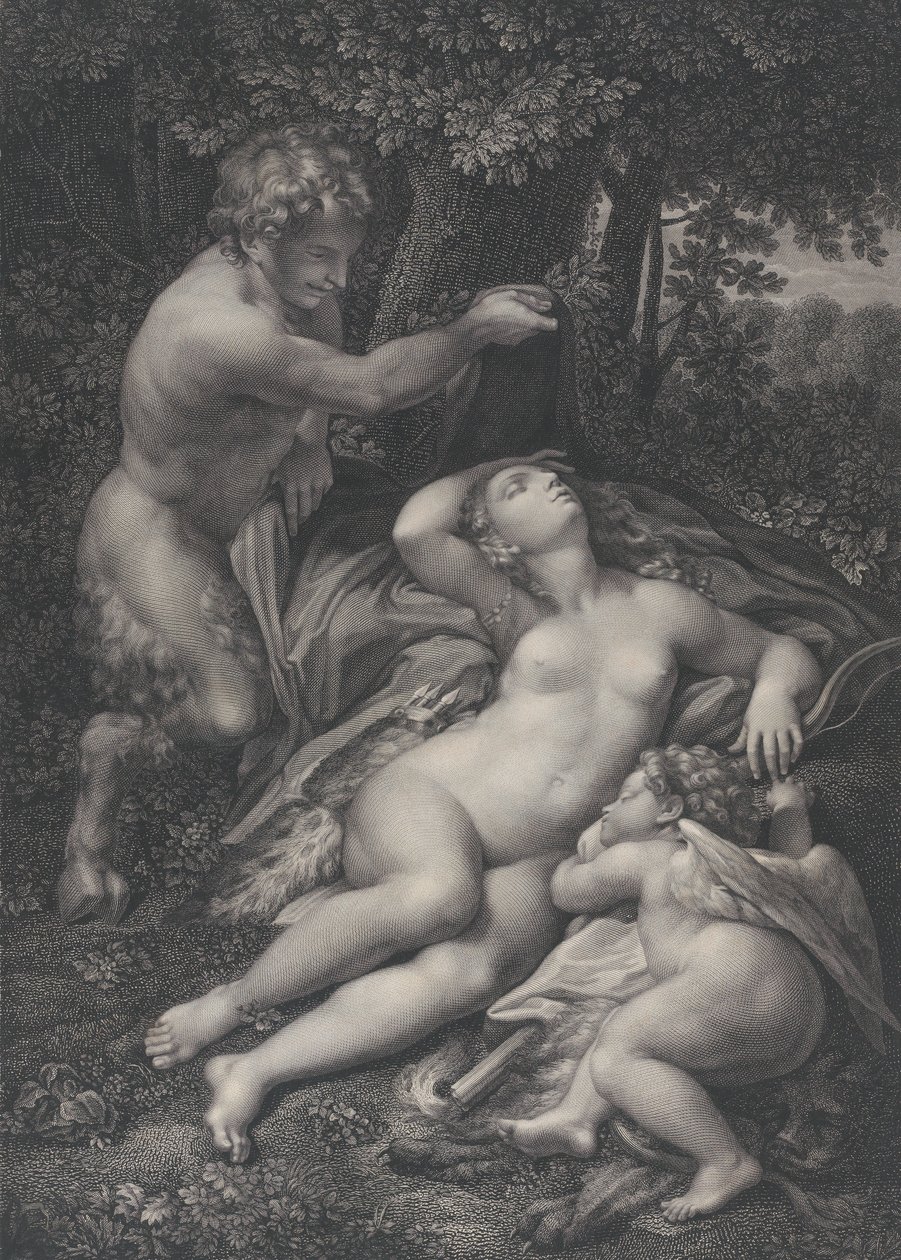 Satyyri, joka löytää nukkuvan Venuksen, Amor makaavan kyljellään, 1801. tekijältä Pierre Audouin