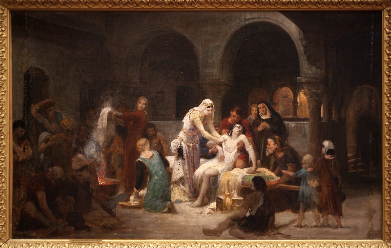 Pyhä Elizabeth Unkarilainen (1207-1231) hoitaa sairaita. Pierre Auguste Cotin (1837-1883) maalaus öljy kankaalle tekijältä Pierre Auguste Cot