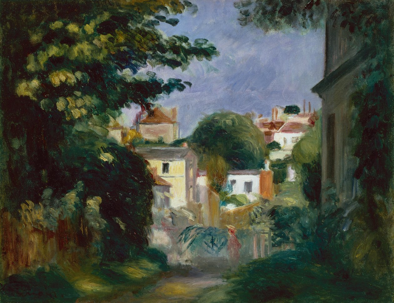 Talo ja henkilö puiden joukossa (öljy kankaalle) tekijältä Pierre Auguste Renoir
