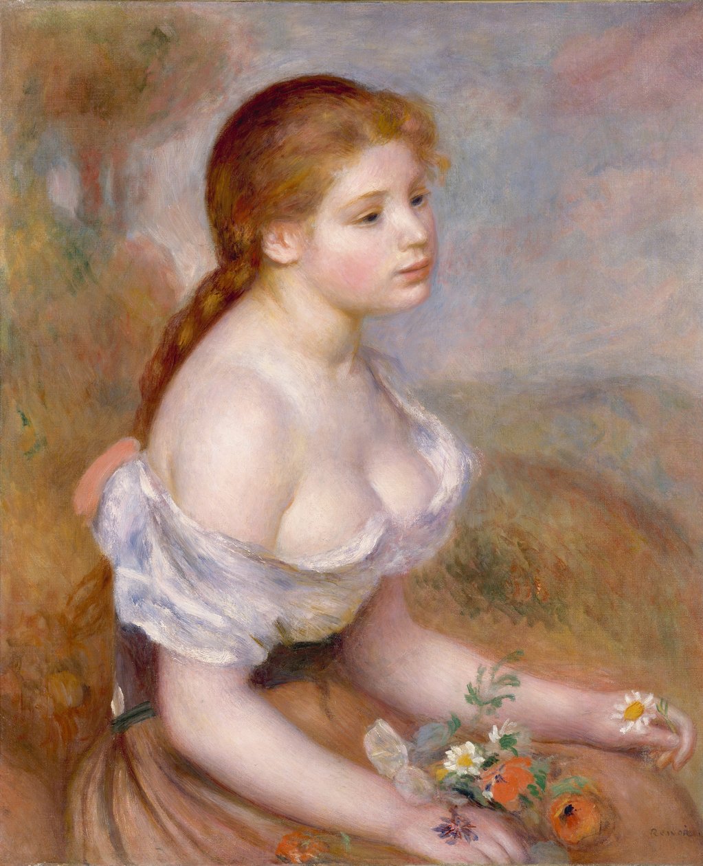 Nuori tyttö, jolla on päivänkakkarat tekijältä Pierre Auguste Renoir