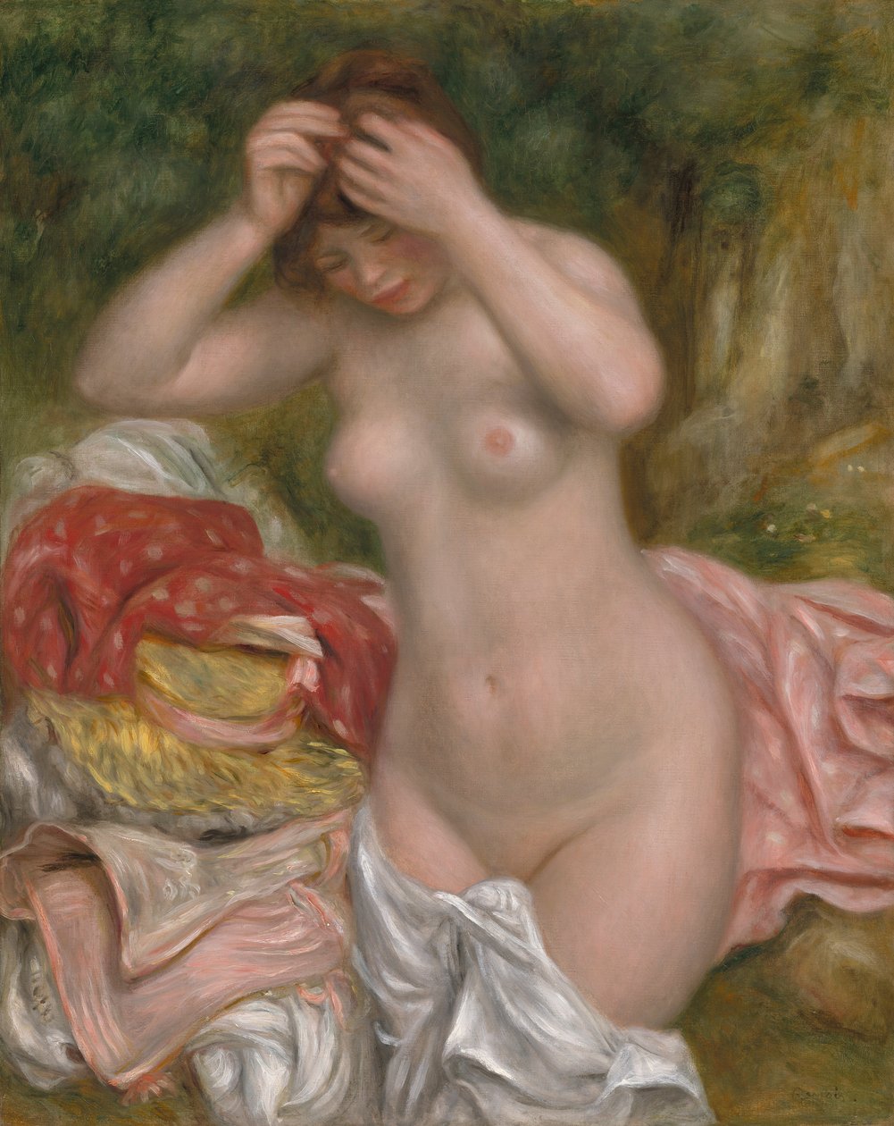 Kylpijä järjestää hiuksiaan, 1893 tekijältä Pierre Auguste Renoir