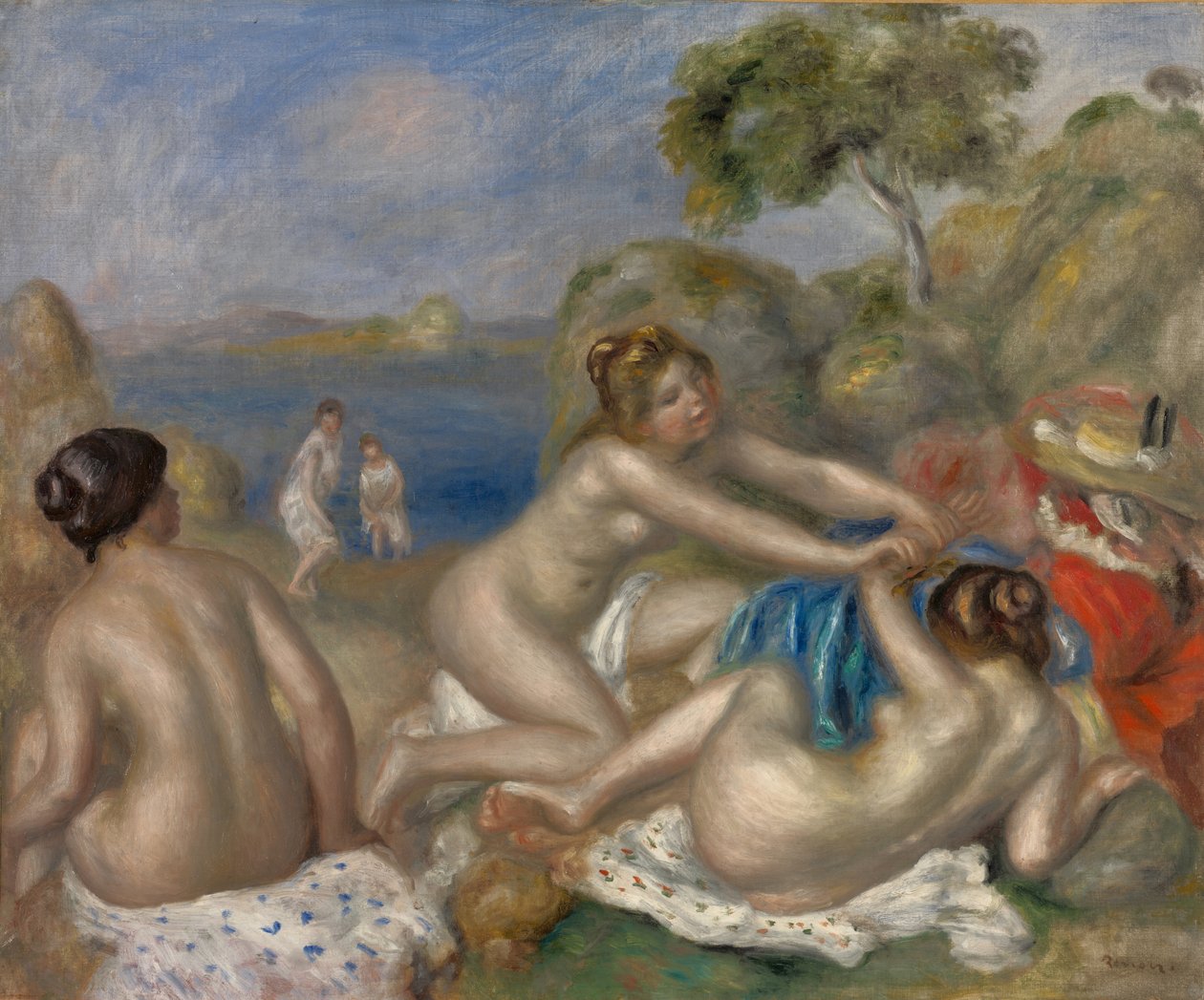 Uimarit leikkivät rapulla, n. 1897 (öljy kankaalle) tekijältä Pierre Auguste Renoir