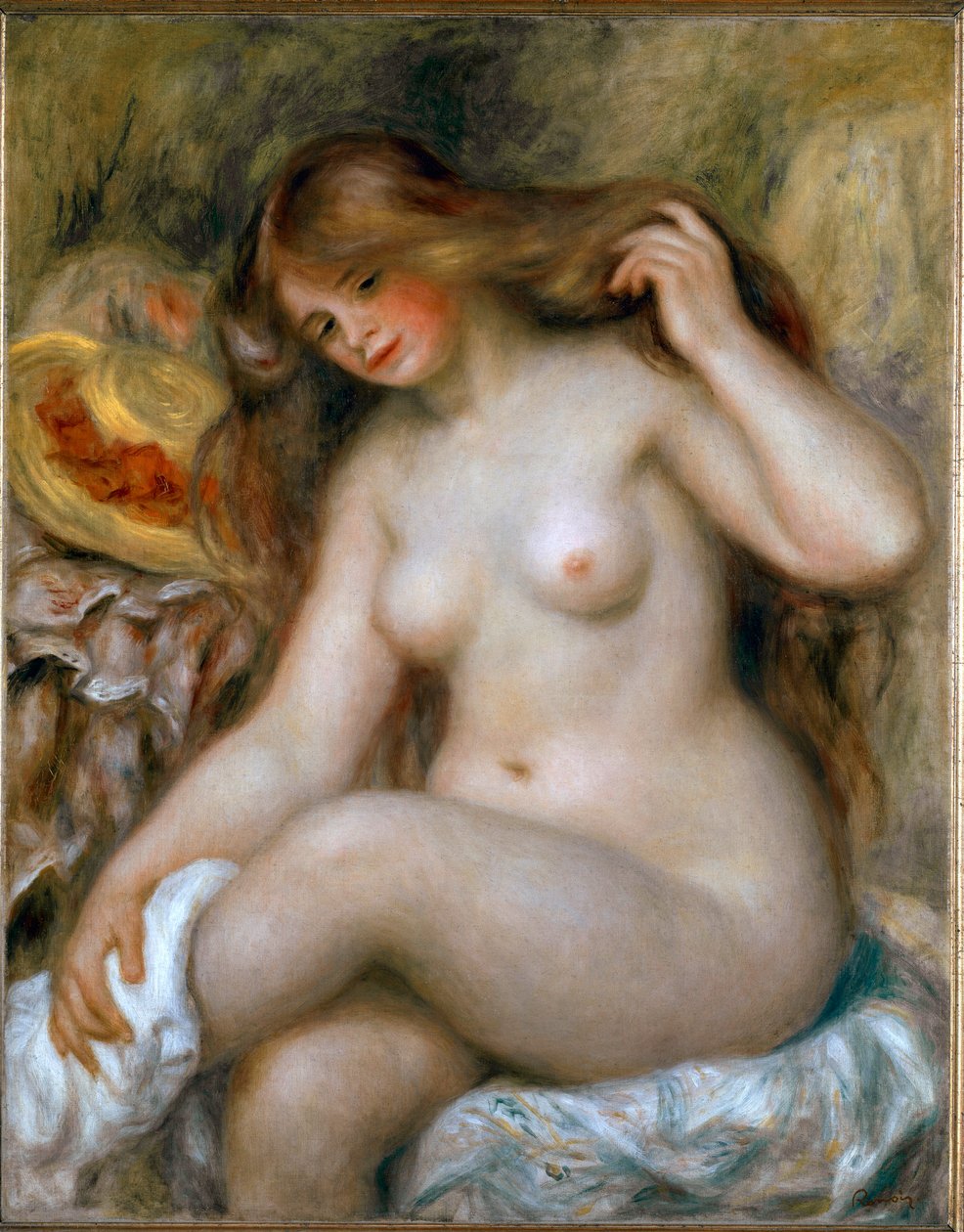 Blondi uimari. Alaston nainen, jolla on erittäin pitkät hiukset. Pierre Auguste Renoirin maalaus (Pierre-Auguste tekijältä Pierre Auguste Renoir