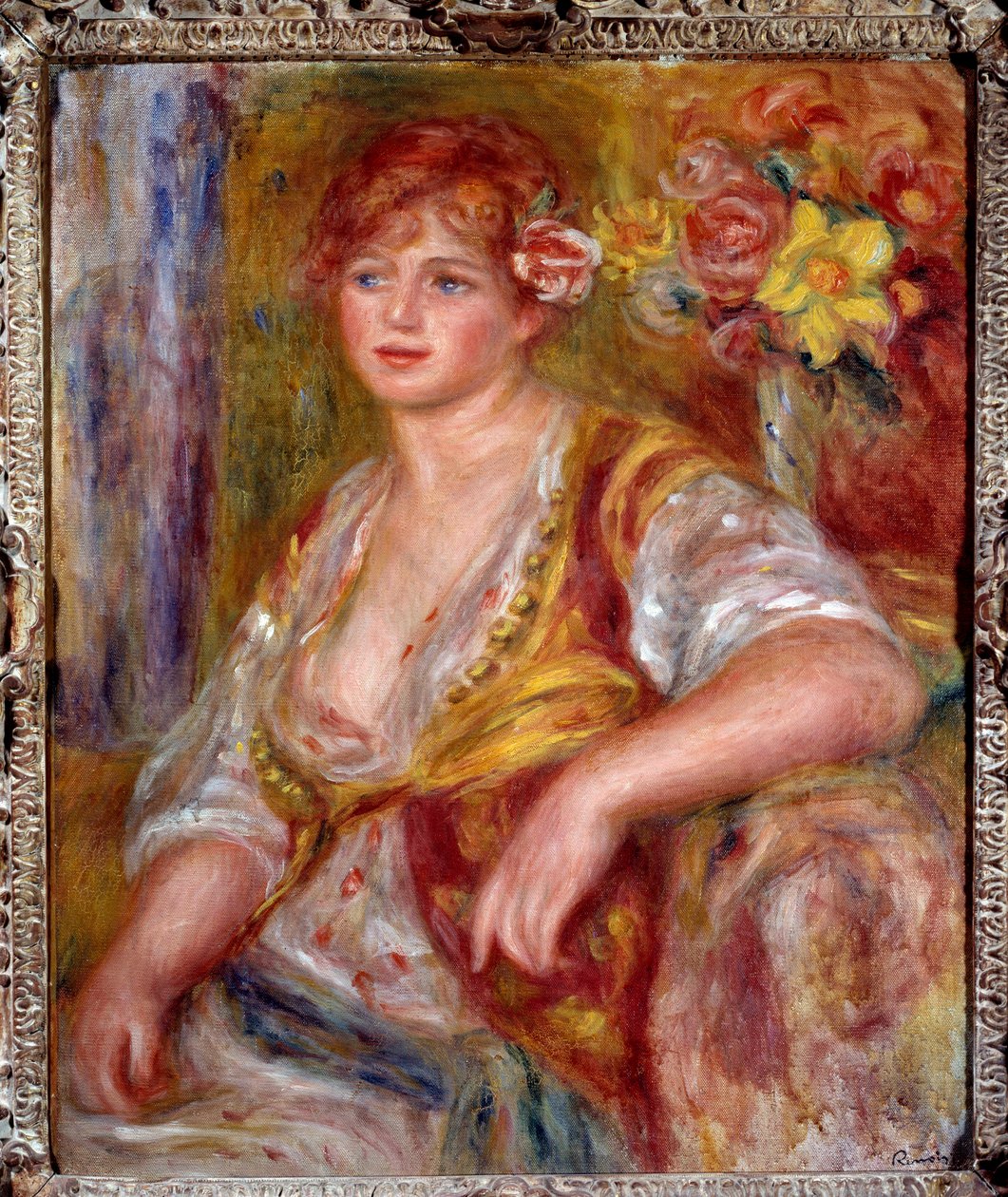 Blondilla on ruusu. Muotokuva Andree Madeleine Heuschlingista (1900-1979), lempinimeltään "Dedee", koomikko Catherine Hessling (hän meni naimisiin Jean Renoirin kanssa vuonna 1920). Pierre Auguste Renoirin (1841-1919) maalaus noin 1915. Öljy kankaalle. Ran tekijältä Pierre Auguste Renoir