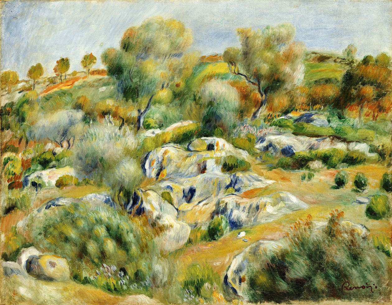 Bretagnen maisema puita ja kiviä tekijältä Pierre Auguste Renoir