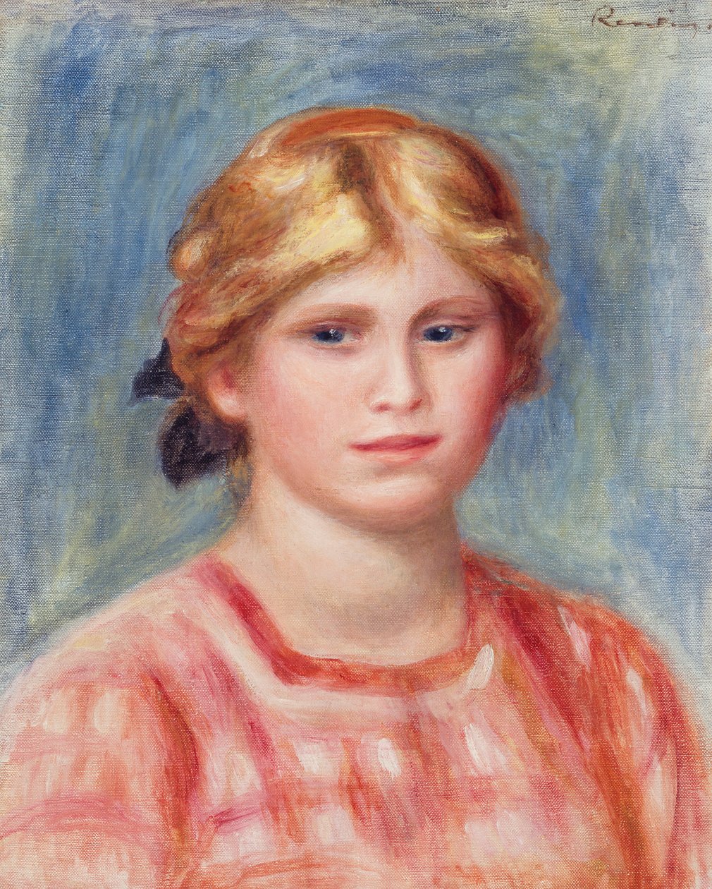 Naisen rintakuva ruusunvärisellä puserolla, 1905 tekijältä Pierre Auguste Renoir
