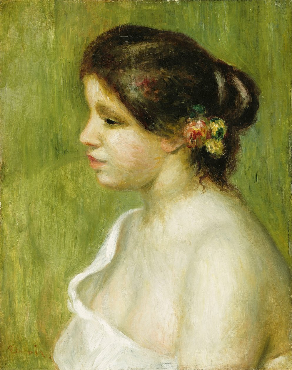 Nuoren tytön rintakuva ja kukkia koristamassa korvaansa, 1898 tekijältä Pierre Auguste Renoir