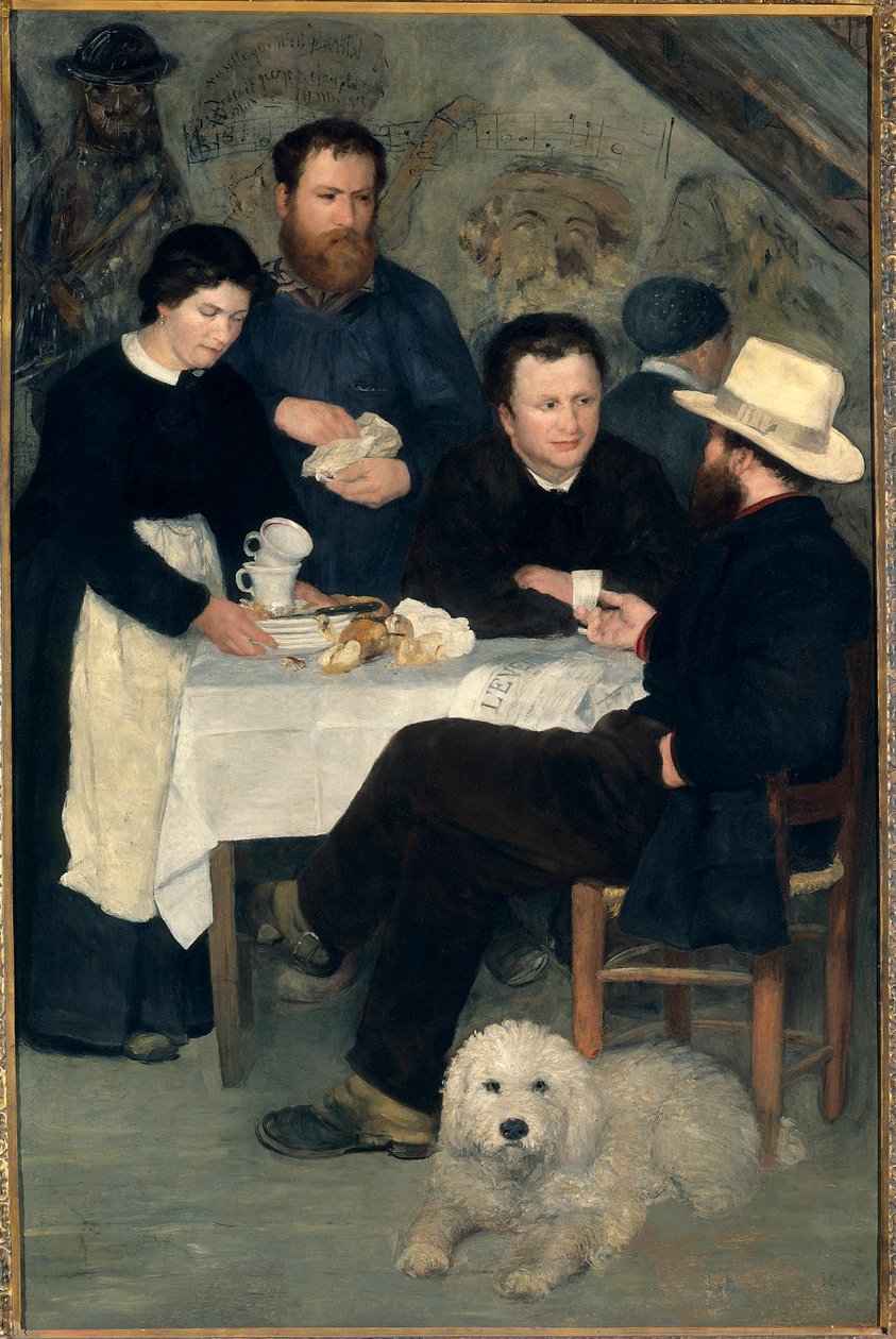 Chez la Mere Antony a Marlotte (Bourron-Marlotte (77)): Claude Monet, Alfred Sisley ja Charles Le Coeur pöydän ääressä Mere Anthonyn kanssa, Pierre Auguste Renoirin (1841-1919) maalaus tekijältä Pierre Auguste Renoir