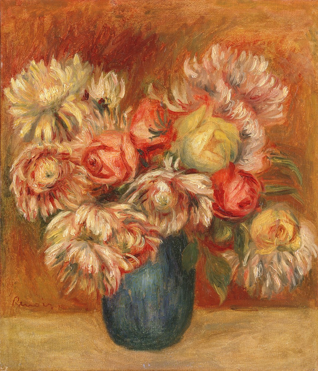 Krysanteemit vihreässä maljakossa (öljy kankaalle) tekijältä Pierre Auguste Renoir