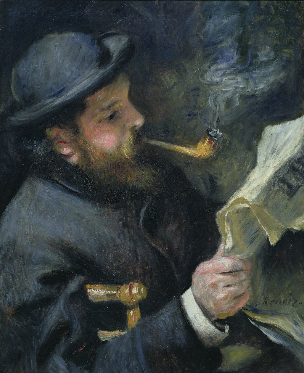 Claude Monet (1840-1926) lukee sanomalehteä, 1872 tekijältä Pierre Auguste Renoir