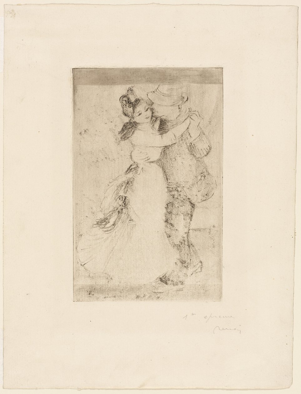 Tanssi maalla, noin 1890 (ruskeanharmaa etsaus norsunluun väriselle paperille). tekijältä Pierre Auguste Renoir