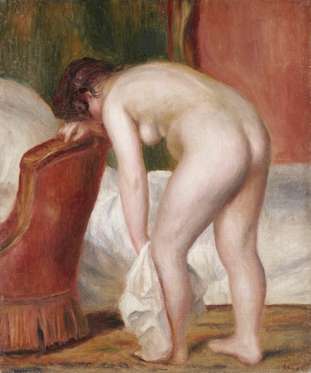 Nainen alaston kuivaa itseään, n. 1909 tekijältä Pierre Auguste Renoir