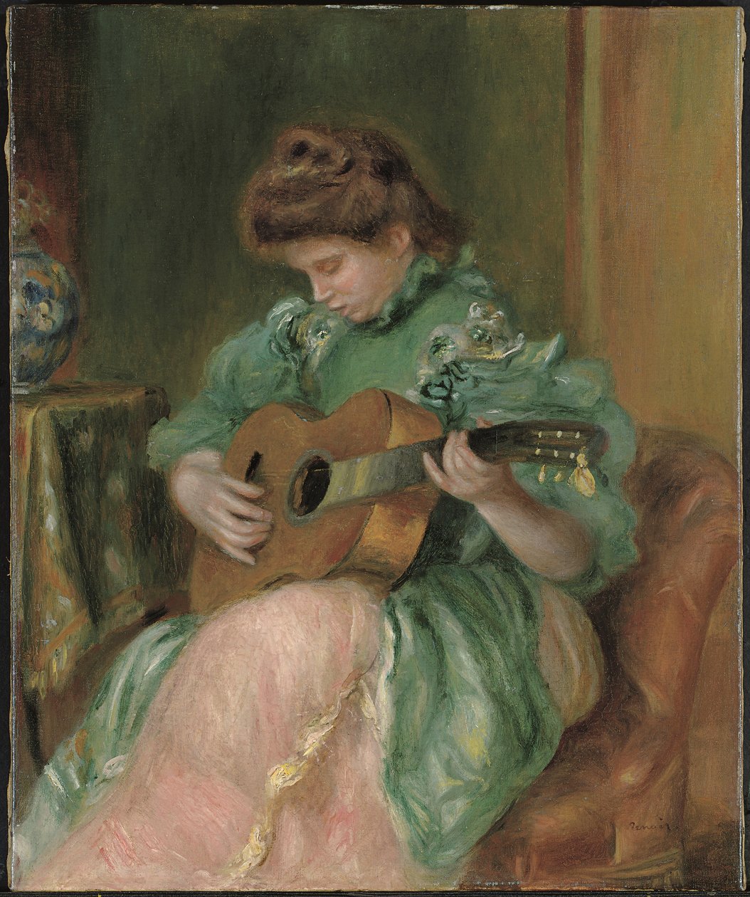 Nainen kitaran kanssa, c. 1896-1897 (öljy kankaalle) tekijältä Pierre Auguste Renoir