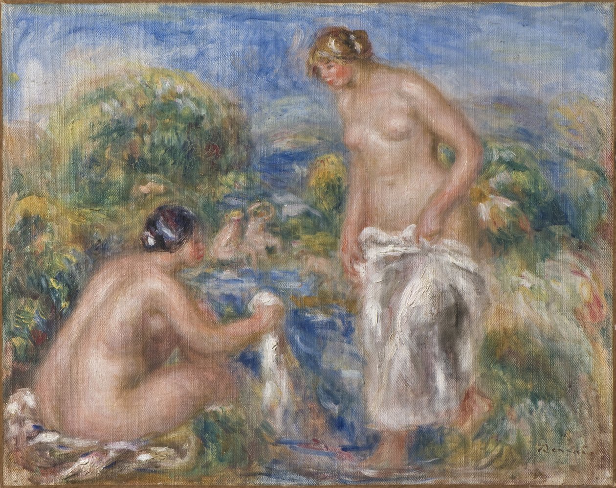 Femmes au bain - Uivia naisia, kirjoittanut Renoir, Pierre Auguste (1841-1919). Öljy kankaalle. c. 1915-1916. Mitat: 40,5x51 cm. Tukholman kansallismuseo tekijältä Pierre Auguste Renoir