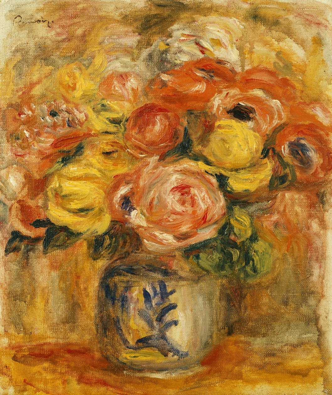 Kukat sinivalkoisessa maljakossa; Kukat sinivalkoisessa maljakossa, 1915 tekijältä Pierre Auguste Renoir