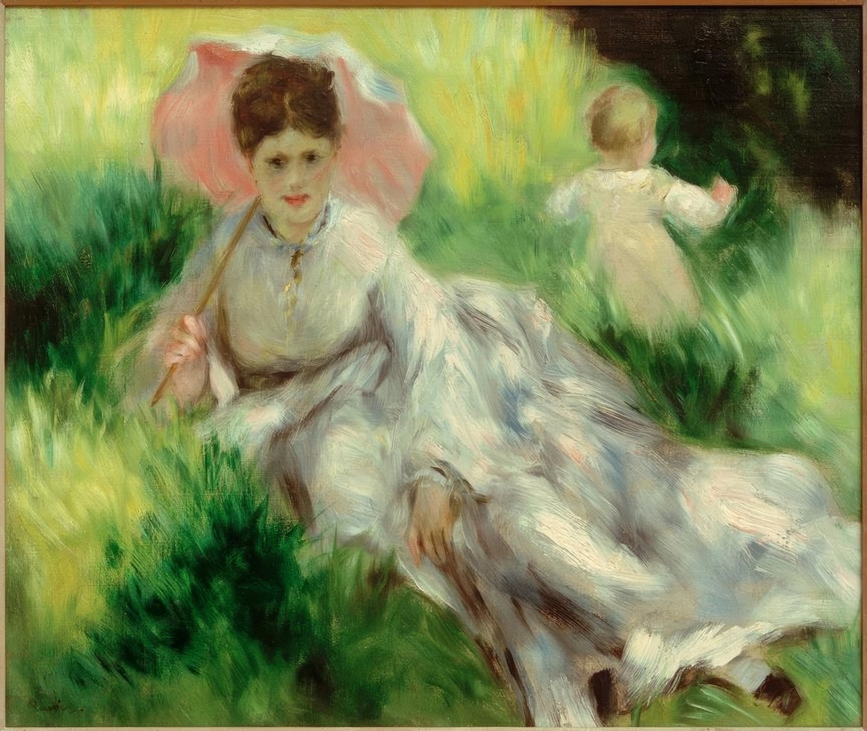 Frau mit Sonnenschirm und Kind auf sonnigem Hang tekijältä Pierre Auguste Renoir