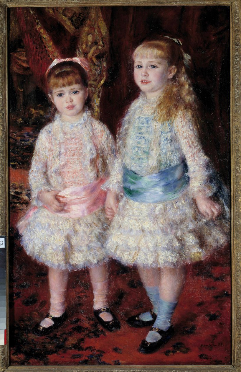 Täysi muotokuva Antwerpenin Caheneista, Antwerpenin pankkiirin Louis Cahenin (1837-1922) tyttärestä tai "Pink and Blue". Pierre Auguste Renoirin (1841-1919) maalaus 1881 Dim. 0,74x1,19 m Sao Paolo, taidemuseo – Cahen Demin kokopitkä muotokuva tekijältä Pierre-Auguste Renoir