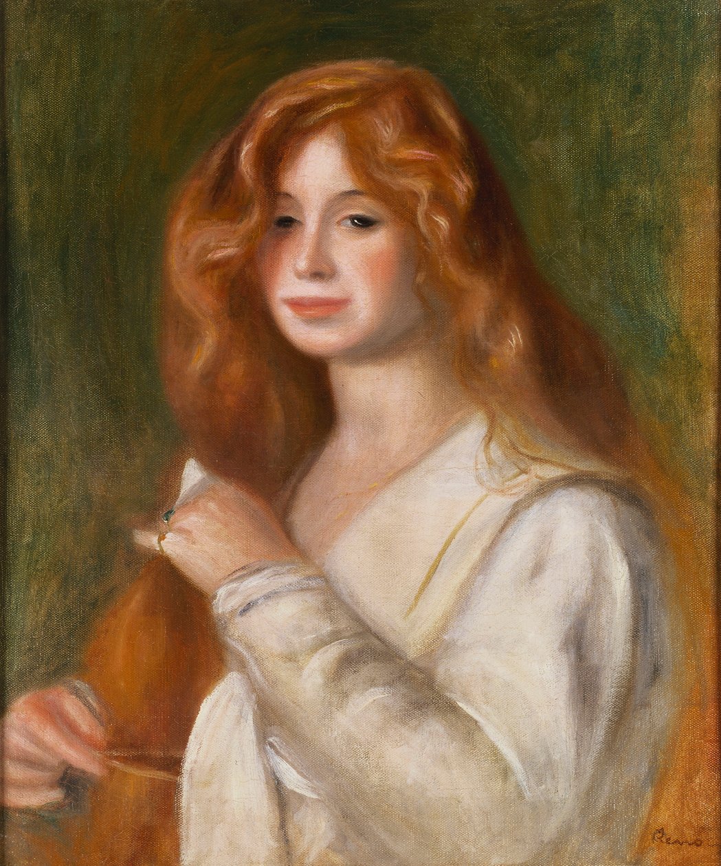 Tyttö kampaa hiuksiaan tekijältä Pierre Auguste Renoir