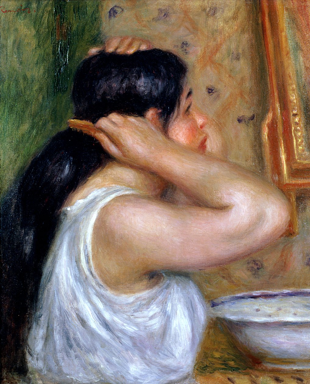 Tyttö kampaava hiuksia, 1907-8 tekijältä Pierre Auguste Renoir