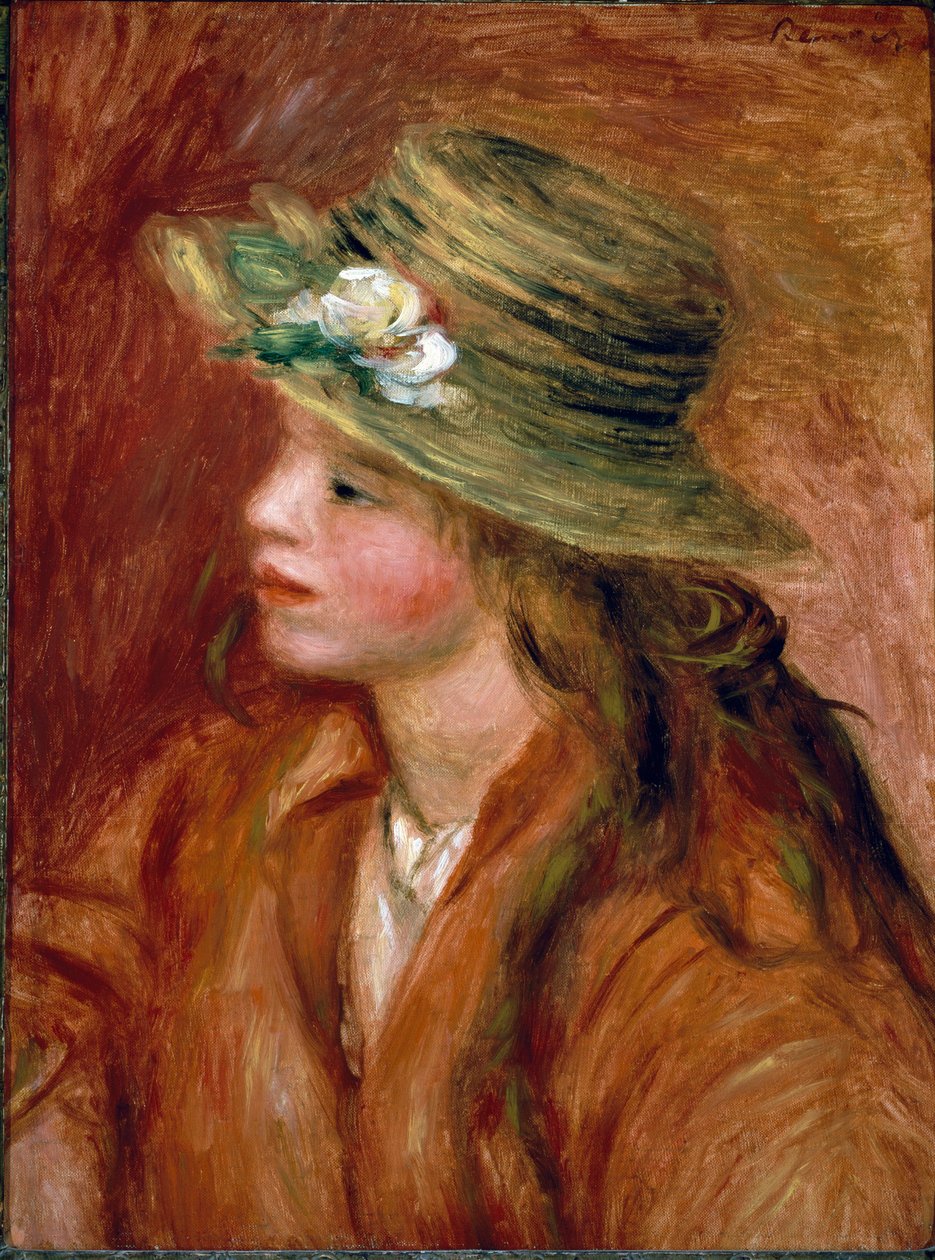 Tyttö olkihatussa. Pierre Auguste Renoirin maalaus (Pierre-Auguste tekijältä Pierre Auguste Renoir