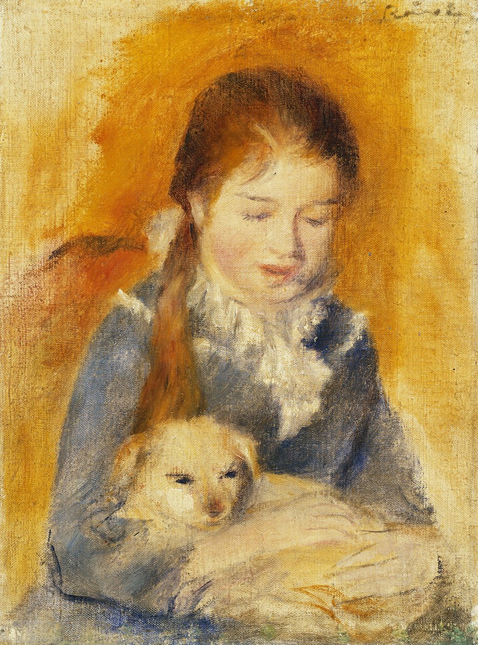 Tyttö koiran kanssa; Fillette au Chien, n. 1875 (öljy kankaalle) tekijältä Pierre Auguste Renoir