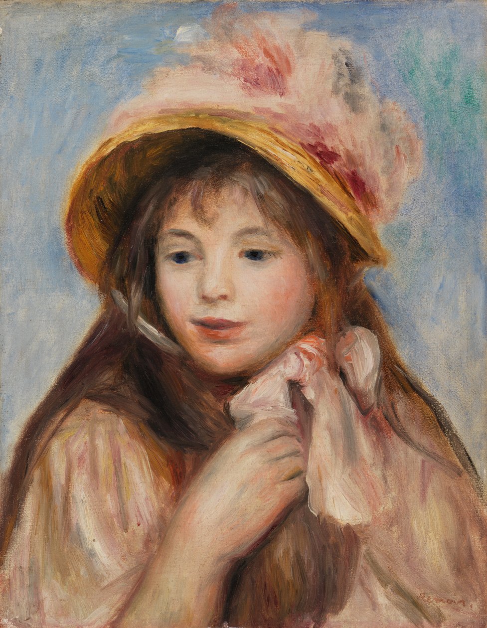 Tyttö vaaleanpunaisella konepellillä tekijältä Pierre Auguste Renoir