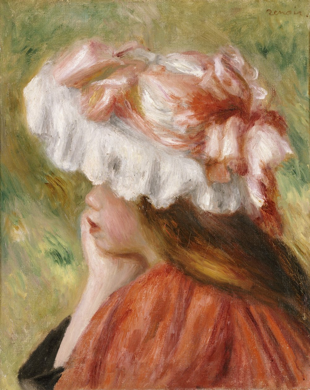 Nuoren tytön punainen hattu pää tekijältä Pierre Auguste Renoir