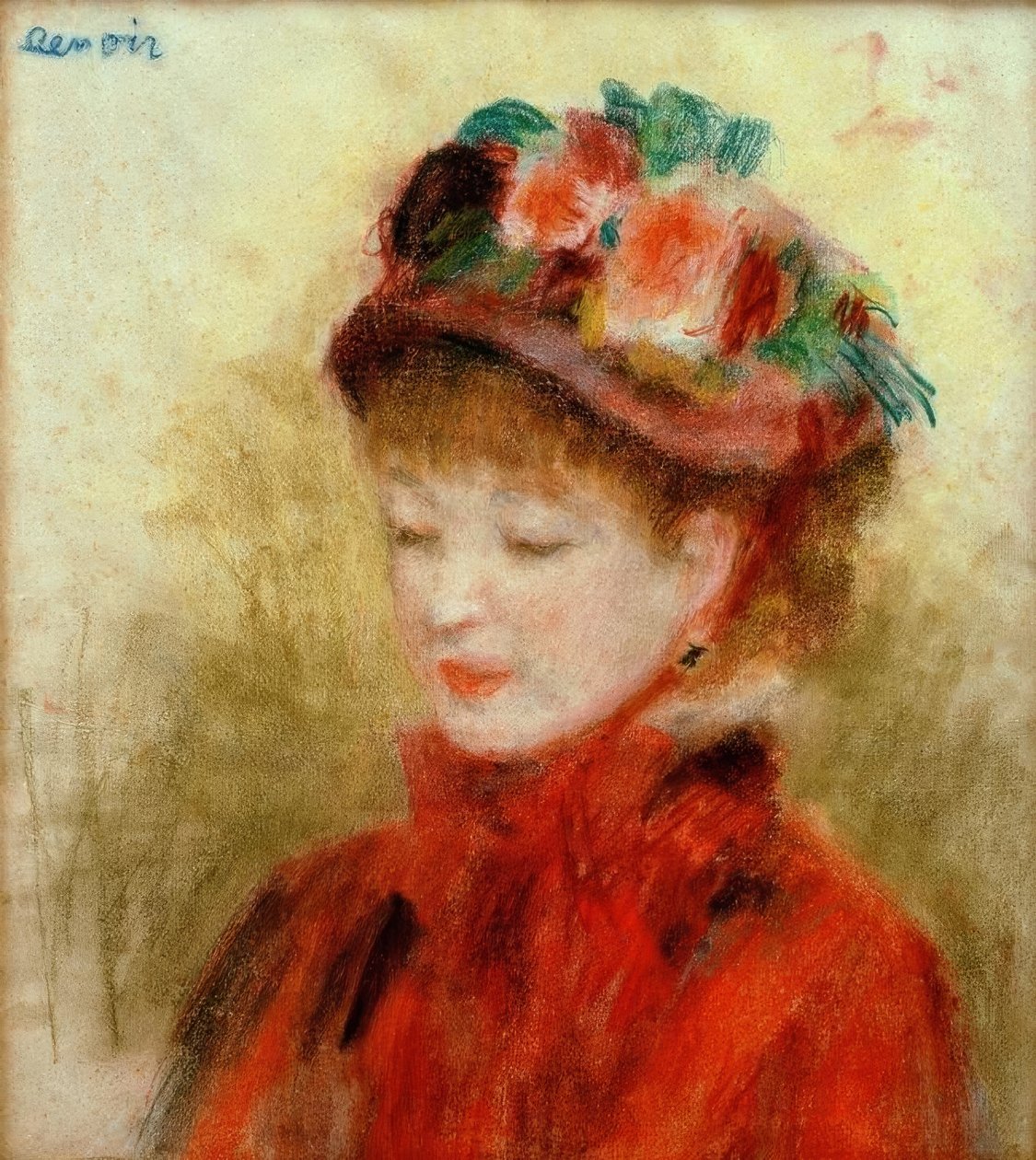 Nuori nainen hatussa kukkien kanssa tekijältä Pierre Auguste Renoir