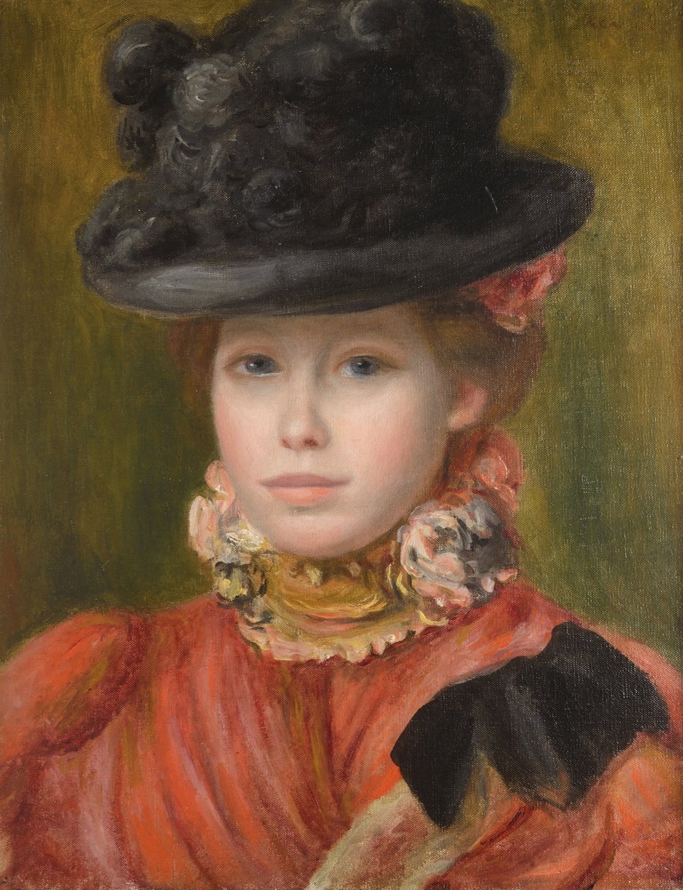 Tyttö mustassa hatussa punaisilla kukilla - Renoirin Pierre Auguste (1841-1919) tyttö mustassa hatussa punaisilla kukilla. 1890 - Öljy kankaalle - Yksityinen kokoelma tekijältä Pierre Auguste Renoir