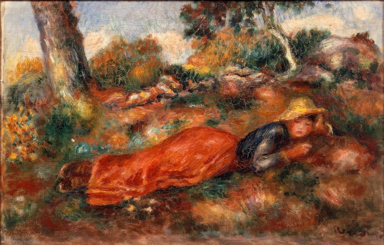 Tyttö makaa nurmikolla tekijältä Pierre Auguste Renoir