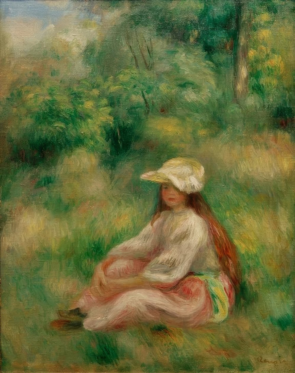Nuori tyttö vaaleanpunaisessa maisemassa tekijältä Pierre Auguste Renoir