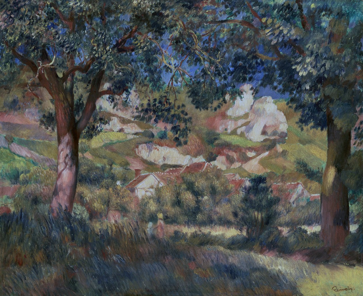 Maisema La Roche Guyonissa, n. 1887 (öljy kankaalle) tekijältä Pierre Auguste Renoir