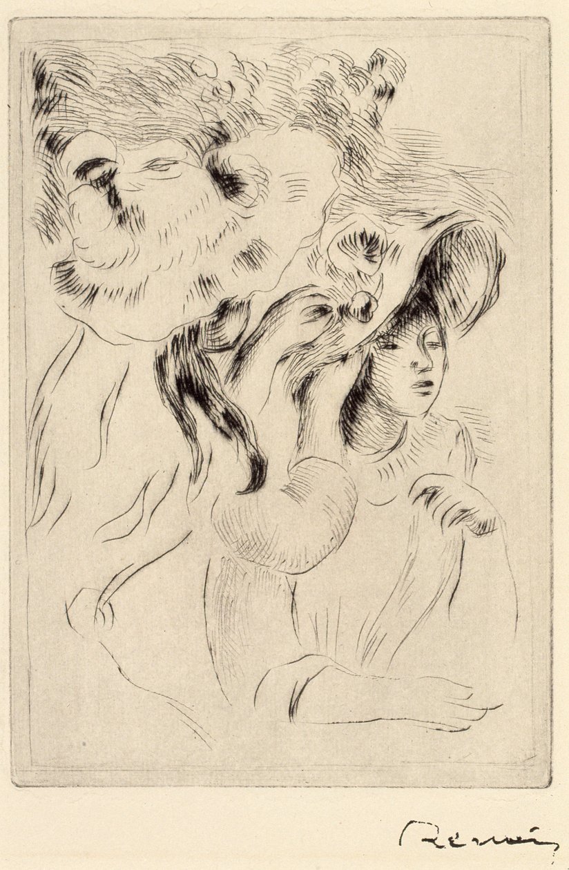 Le Chapeau Epignele, Pinning the Hat, c1894. tekijältä Pierre Auguste Renoir
