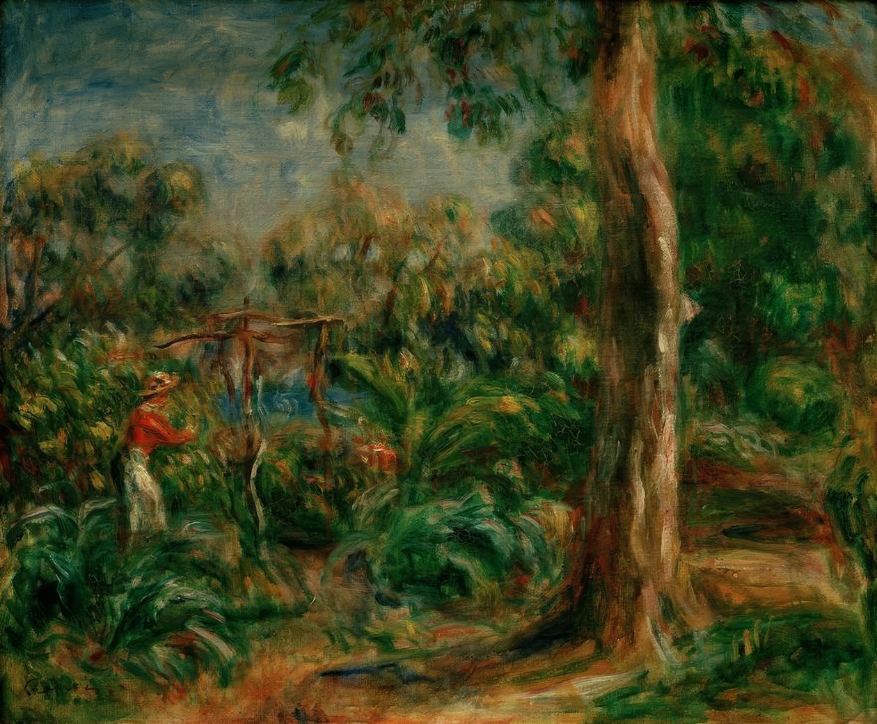 Iso puu. Nainen punainen pusero puutarhassa Ca tekijältä Pierre Auguste Renoir